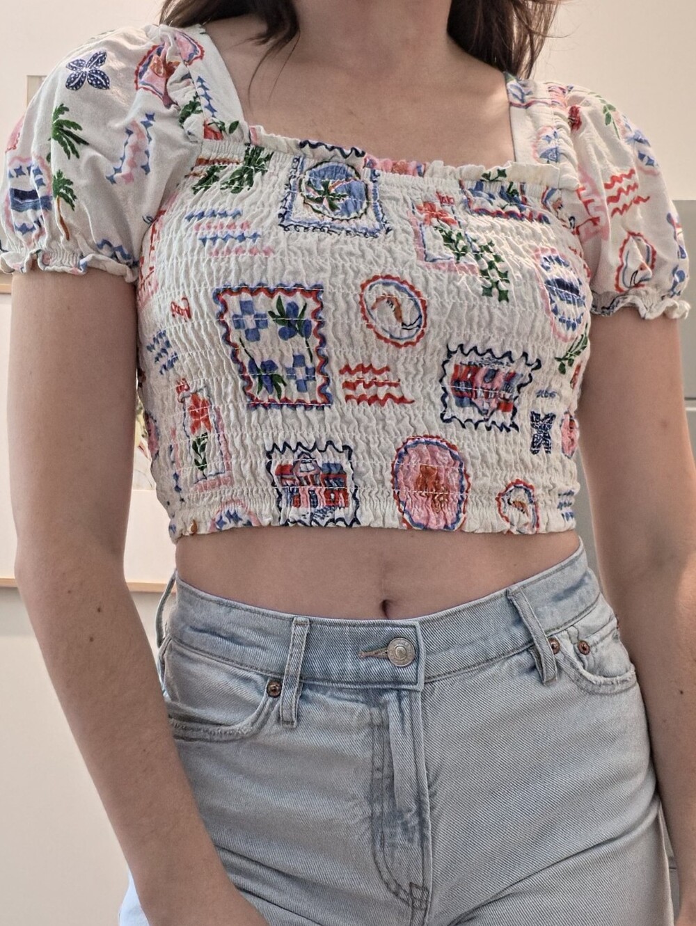 Monteau White Smocked Crop Top with Fruit And Fish Motifs